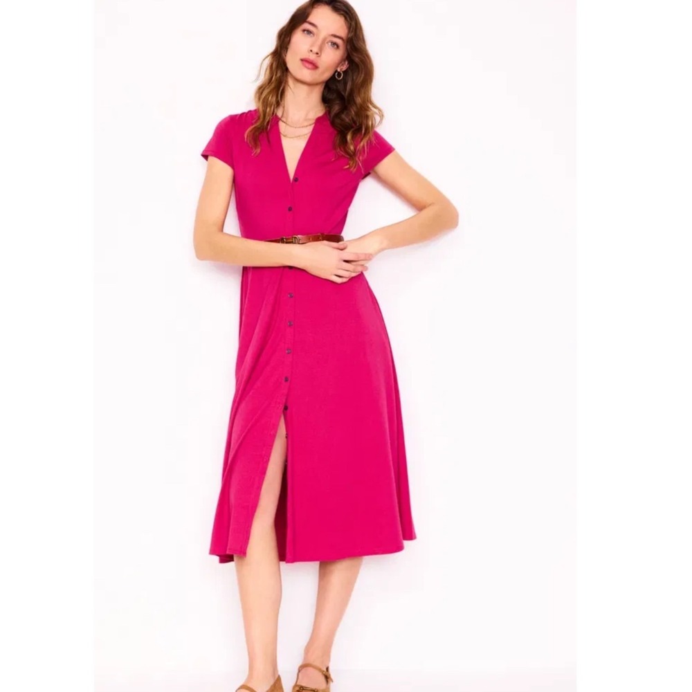 Boden Sarah Jersey Dress Women 6R Pink Magenta Button Front Tie Waist Midi